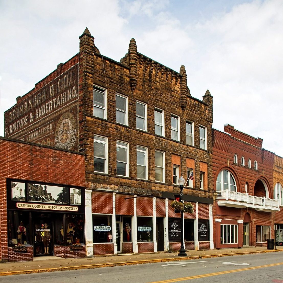 Photograph of quant, older buildings on a mainstreet, West Virginia.