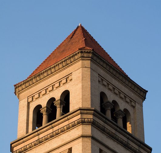 Photograph of large traditionally styled clock tower in Spokane, Washington.