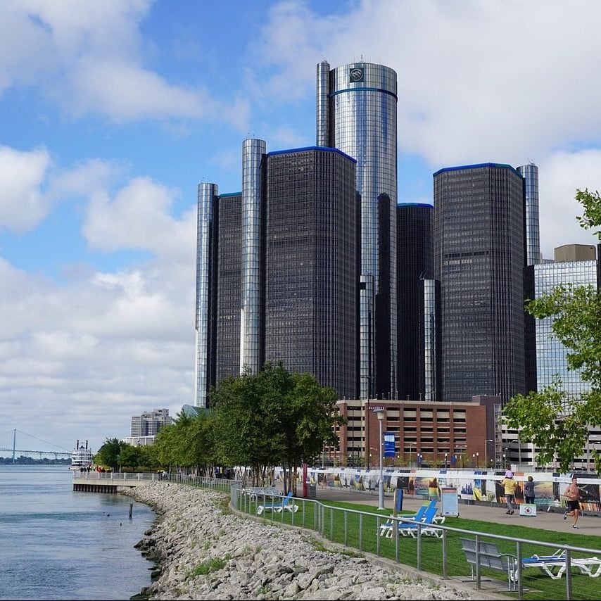 Photograph from river view of GM headquarters - The Renaissance Center.