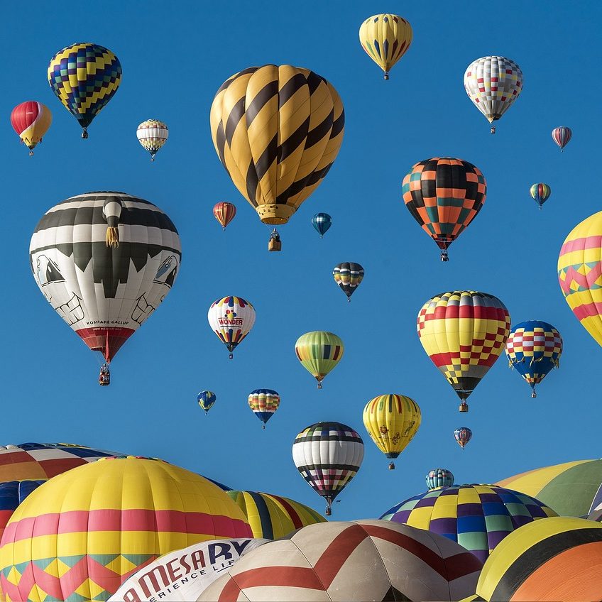 Photograph of multicolored hot air balloons in Albuquerque, New Mexico.
