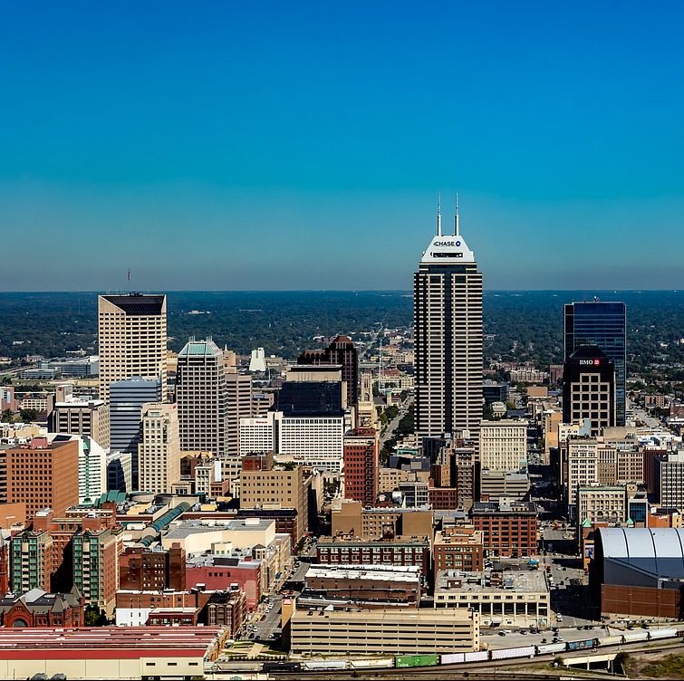 Photograph of the Indianapolis, Indiana city center with tall buildings.