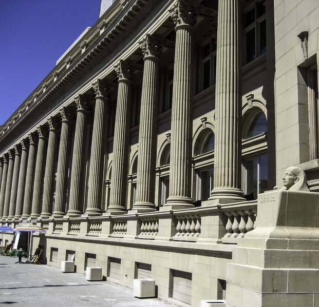 Columns and stonework outside of Spokane, Washington Masonic Temple photograph.