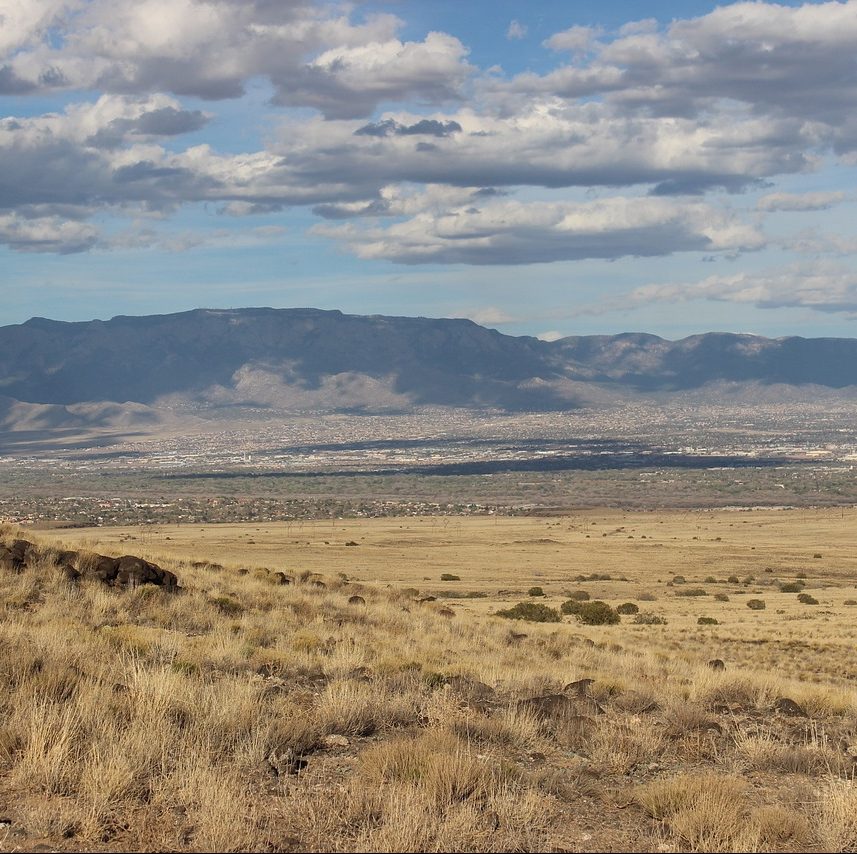 Photograph of prairie landscape with blue mountains, Albuquerque, New Mexico.