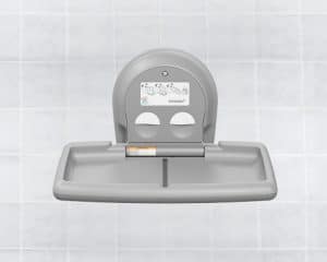 Koala Kare's Horizontal Surface Mounted Baby Changing Station KB300 - Front View Opened in Gray and Stainless Steel