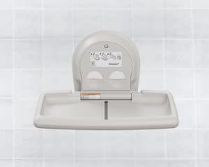 Koala Kare's Horizontal Surface Mounted Baby Changing Station KB300 - Front View Opened in White Granite and Stainless Steel